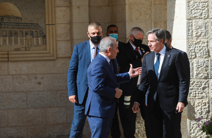 U.S. Secretary of State Antony Blinken (R) arrives for a  meeting with Palestinian president Mahmoud Abbas, in the West Bank city of Ramallah, on May 25, 2021. (credit: FLASH90)