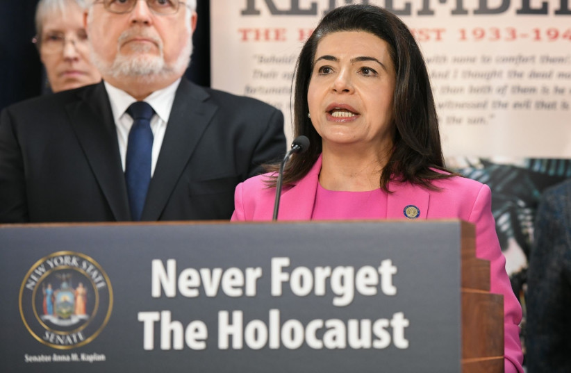  State Senator Anna Kaplan speaks at an event to discuss a bill that would improve Holocaust awareness in New York Schools. (photo credit: JTA)