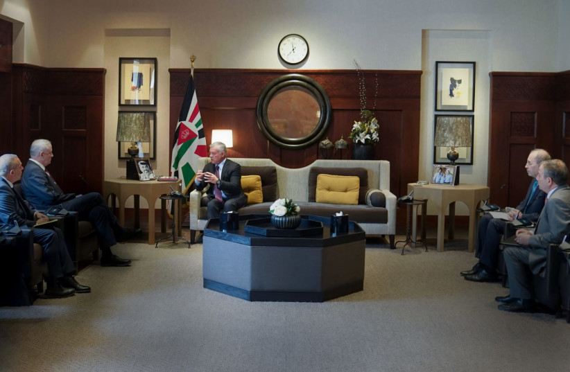 Defense Minister Benny Gantz meets with King Abdullah II of Jordan at the King's Palace in Amman on March 29, 2022. (photo credit: Royal Hashemite Court)