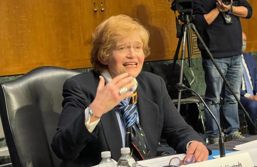 Deborah Lipstadt, President Joe Biden's nominee to be antisemitism monitor, testifies in the Dirksen Office building near the U.S. Capitol, Feb. 8, 2022.  (credit: RON KAMPEAS via JTA)