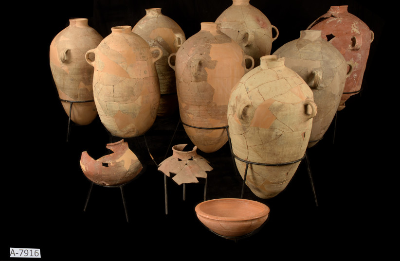 4. Collection of wine jars after the restoration process (credit: DAFNA GAZIT/ISRAEL ANTIQUITIES AUTHORITY)