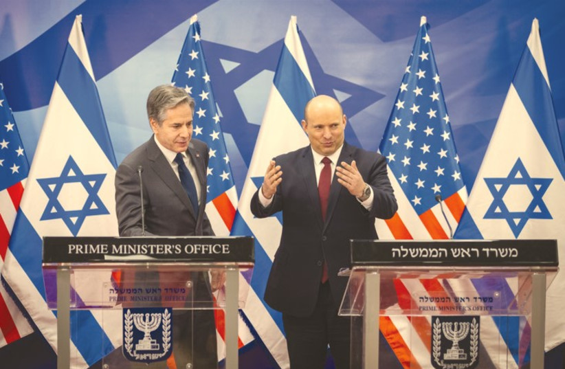  PRIME MINISTER Naftali Bennett and US Secretary of State Antony Blinken give a press statement after their meeting at the Prime Minister’s Office in Jerusalem on Sunday. (photo credit: OLIVIER FITOUSSI/FLASH90)