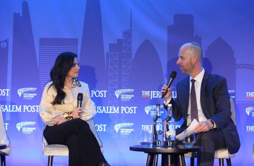  Interior Minister Ayelet Shaked speaks with Yaakov Katz at The Jerusalem Post London Conference 2022 (credit: MARC ISRAEL SELLEM)