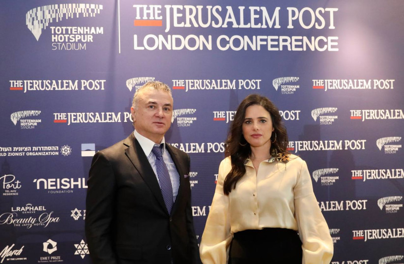  Interior Minister Ayelet Shaked and Michael Mirelshvili at The Jerusalem Post's London conference on March 31, 2022. (credit: MARC ISRAEL SELLEM)