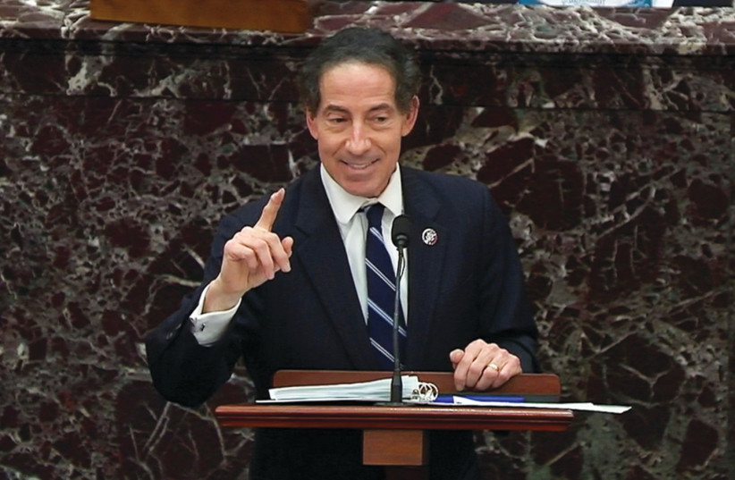  US HOUSE impeachment manager Rep. Jamie Raskin (D-MD) gives the closing argument against US president Donald Trump in the Capitol in Washington, last year.  (photo credit: US SENATE TV/HANDOUT VIA REUTERS)