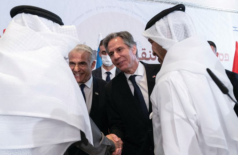  FOREIGN MINISTER Yair Lapid, and US Secretary of State Antony Blinken, meet with the Bahraini and UAE foreign ministers at the Negev Summit on Monday. (photo credit: JACQUELYN MARTIN/POOL/REUTERS)