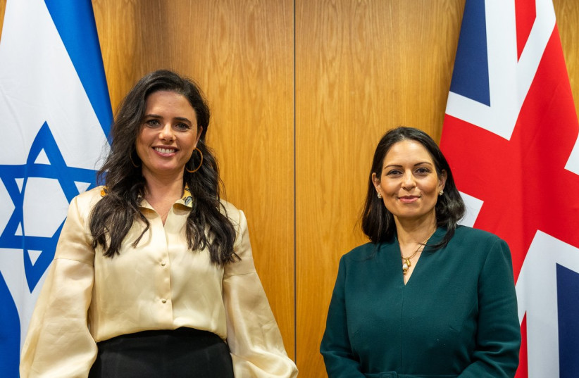 Israel's Interior Minister Ayelet Shaked meets with her British counterpart, the United Kingdom's Home Secretary Priti Patel, on Thursday in London. (photo credit: UNITED KINGDOM HOME OFFICE via TWITTER)