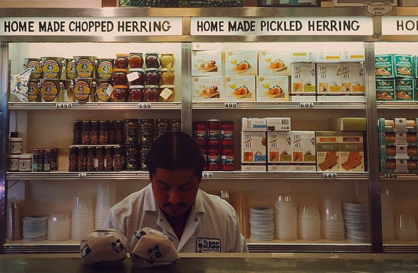  The interior counter of Russ and Daughters, May 13th, 2015. (photo credit: ELIZABETH GOODSPEED VIA WIKIMEDIA COMMONS)