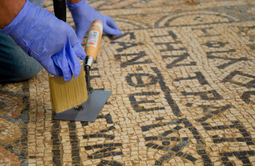  Early Christian mosaic to be 'released' from jail, Megiddo Prison move announced. (credit: YOLI SCHWARTZ/ISRAEL ANTIQUITIES AUTHORITY)