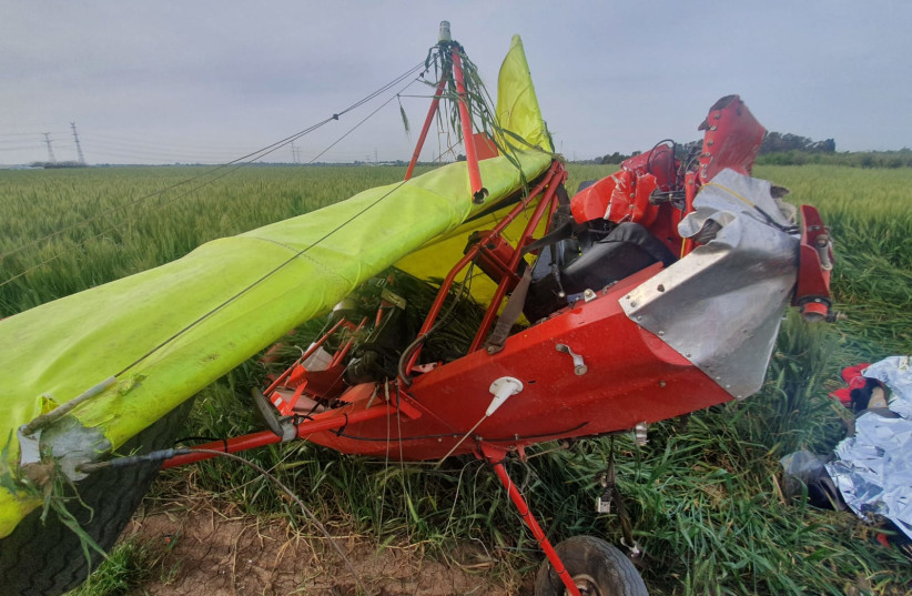  The crashed aircraft in central Israel (photo credit: ISRAEL FIRE AND RESUCE SERVICES)
