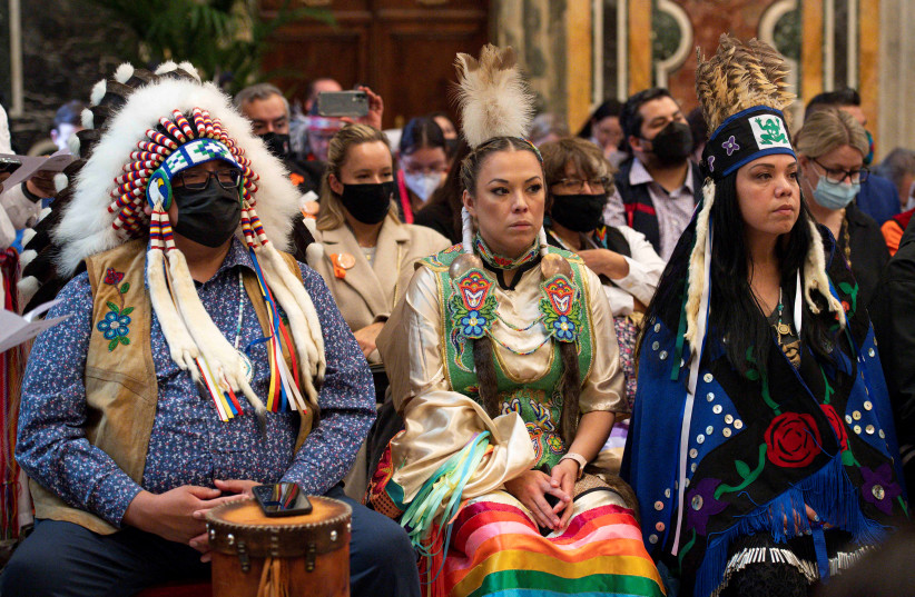  Pope Francis meets indigenous delegations from Canada at the Vatican (photo credit: VATICAN MEDIA/HANDOUT VIA REUTERS)