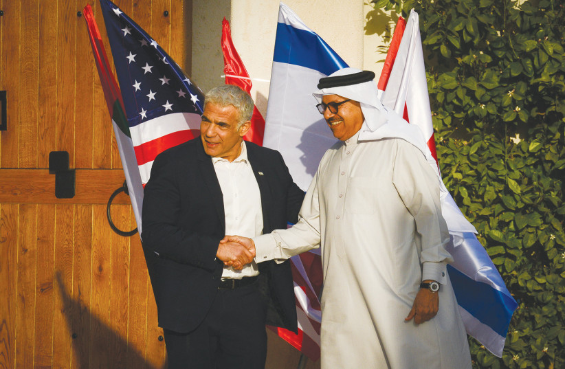  FOREIGN MINISTER Yair Lapid welcomes his Bahraini counterpart, Abdullatif bin Rashid Al Zayani, to the Negev Summit in Sde Boker last week. (photo credit: FLASH90)