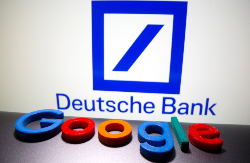  A 3D printed Google logo is placed in front of a display of the Deutsche bank logo in this illustration picture taken July 7, 2020. (credit: REUTERS/DADO RUVIC/ILLUSTRATION)