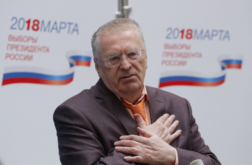  Presidential candidate Zhirinovsky addresses the media at the headquarters of the Russian Central Election Commission in Moscow (photo credit: REUTERS)
