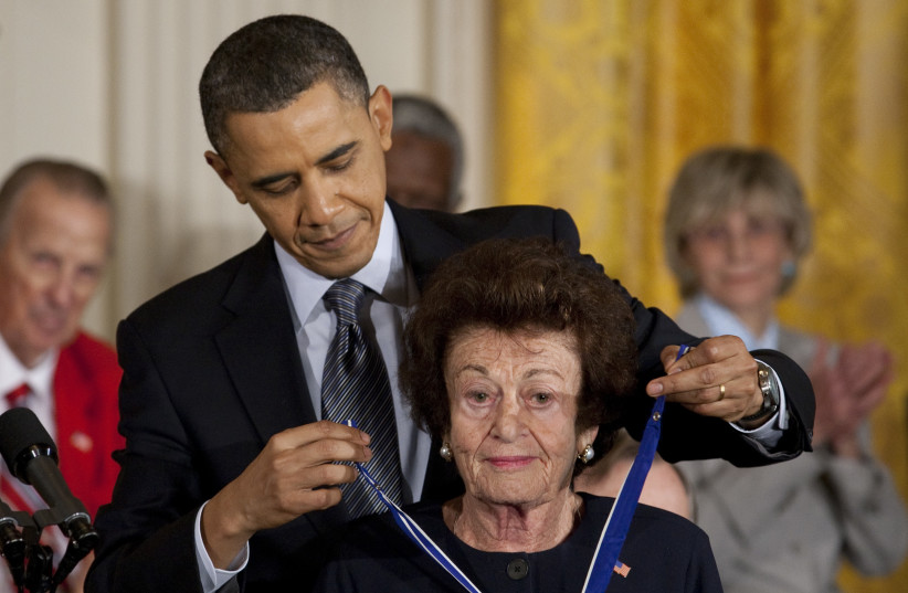  President Barack Obama presents Jewish Holocaust survivor Gerda Weissmann Klein a 2010 Presidential Medal of Freedom, during a ceremony in the East Room of the White House in 2011.  (photo credit: Brooks Kraft LLC/Corbis via Getty Images/JTA)