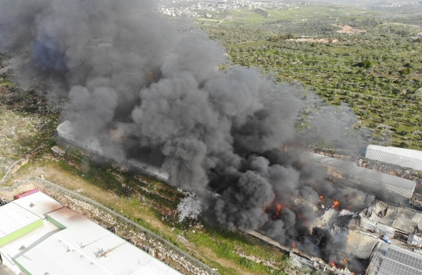  A fire erupted at an industrial park in Emmanuel, in the northern West Bank, on April 10, 2022. (credit: FIRE AND RESCUE SERVICE)