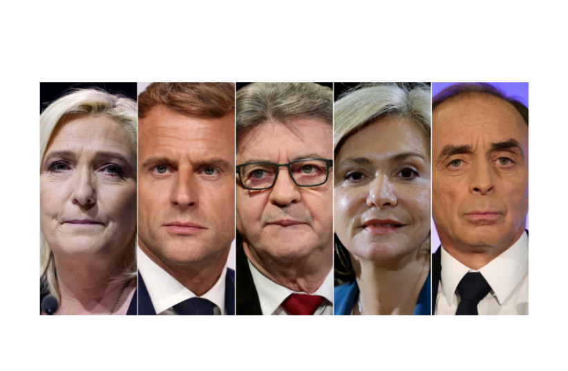 A combination picture shows five of the twelve candidates for the 2022 French presidential election, L-R: Marine Le Pen, French President Emmanuel Macron, Jean-Luc Melenchon, Valerie Pecresse and Eric Zemmour, after the official announcement in Paris, France. Picture taken in 2021 and 2022. (photo credit:  REUTERS/STAFF)