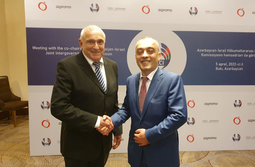  Mekorot Chairman of the Board Yitzhak Aharonovich (left) with Mr. Zaur Mikayilov, chairman of  Awwf Ojsc, Azerbaijani agricultural water company. (photo credit: MEKOROT)