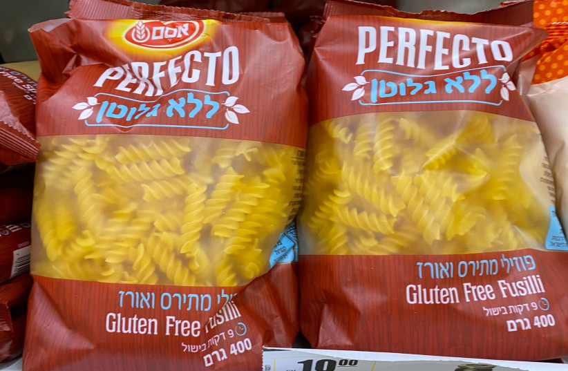 Osem gluten free pasta, which is not sold widely throughout the rest of the year, seen in the Passover section of a Jerusalem supermarket. (photo credit: Shira Silkoff)