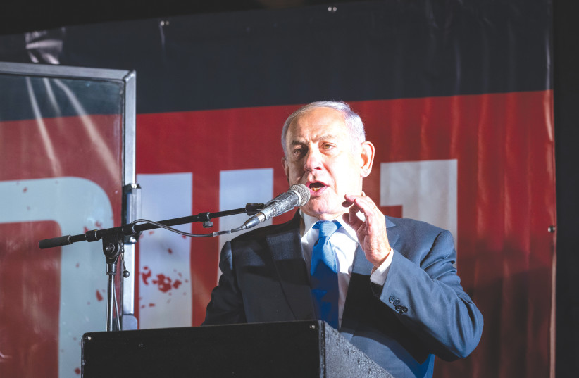  Opposition leader Benjamin Netanyahu addresses a rally in Jerusalem last week.  (photo credit: OLIVIER FITOUSSI/FLASH90)