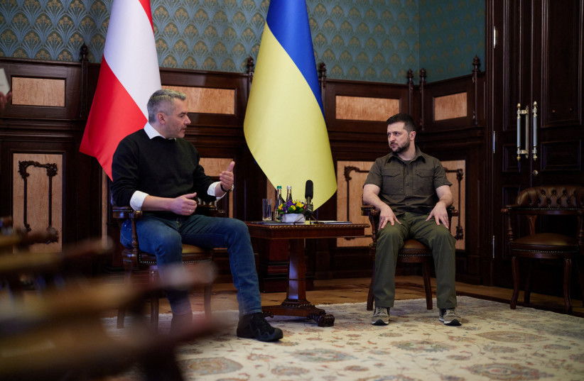  Ukrainian President Zelenskiy and Austrian Chancellor Nehammer attend a meeting in Kyiv (photo credit: REUTERS)