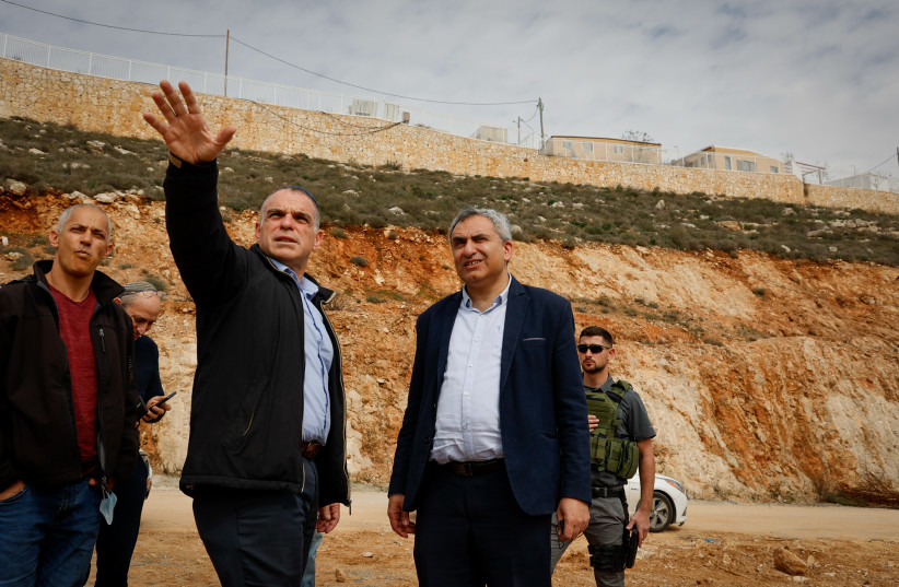  Minister of Housing and Construction Zeev Elkin (left) with Head of Efrat regional council Oded Revivi on February 17, 2022.  (credit: GERSHON ELINSON/FLASH90)