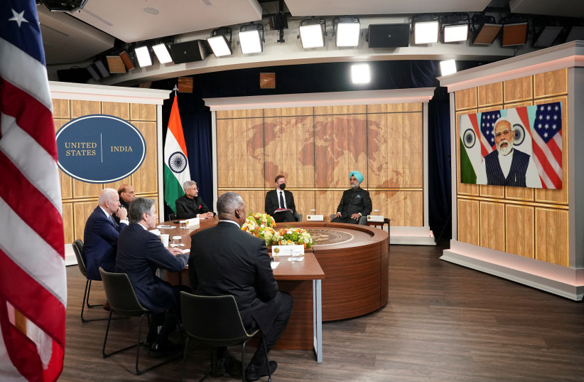 US. President Joe Biden holds a virtual meeting with India's Prime Minister Narendra Modi to discuss Russia's war with Ukraine from the White House in Washington U.S., April 11, 2022. (credit: REUTERS/KEVIN LAMARQUE)