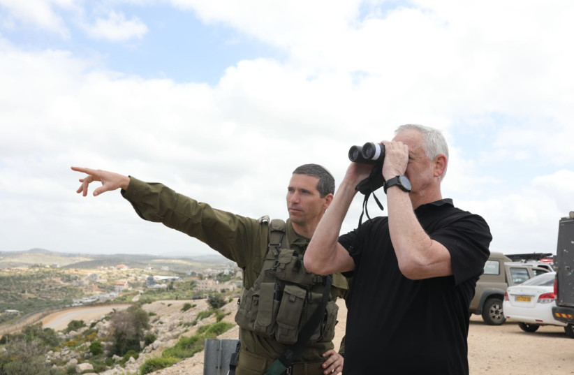 Defense Minister Benny Gantz patrolling the West Bank with IDF forces on Tuesday, April 12, 2022 (photo credit: NICOLE LASKVI/DEFENSE MINISTRY)