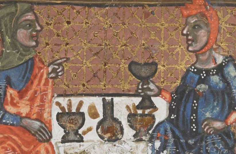 The wife in the 14th century "Brother Haggadah" doesn't look too pleased with her husband's custom.  (photo credit: BRITISH LIBRARY COLLECTION; AVAILABLE VIA THE NATIONAL LIBRARY OF ISRAEL DIGITAL COLLECTION)