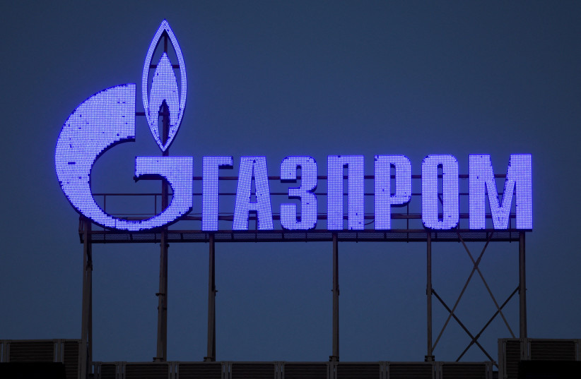  The logo of Gazprom company is seen on the facade of a business centre in Saint Petersburg, Russia March 31, 2022. (photo credit: REUTERS/REUTERS PHOTOGRAPHER)