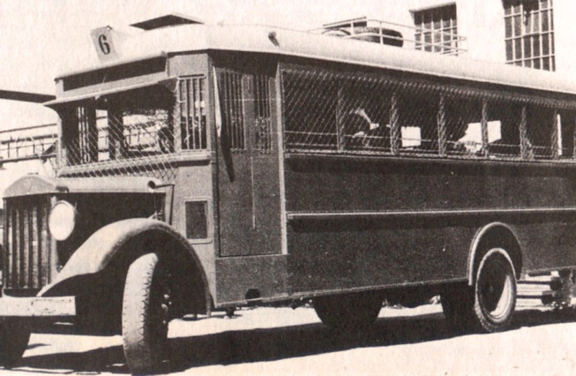  A Jewish self-defense bus equipped with wire screens to protect against rock, glass, and grenade throwing during 1936-1939 Arab revolt in the British Mandate of Palestine. (credit: Wikimedia Commons)