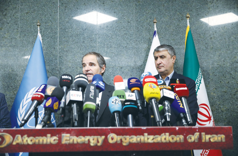  IRAN’S ATOMIC Energy Organization chief Mohammad Eslami (right) and IAEA Director-General Rafael Mariano Grossi attend a news conference in Tehran last month. Today’s Zionists must stand up to Iranian nuclear aspirations. (photo credit: WEST ASIA NEWS AGENCY/REUTERS)