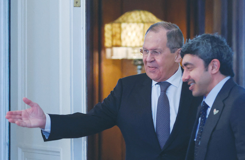  RUSSIA’S FOREIGN MINISTER Sergei Lavrov shows the way to UAE Foreign Minister Sheikh Abdullah bin Zayed Al Nahyan during a meeting in Moscow last month. (photo credit: EVGENIA NOVOZHENINA/REUTERS)