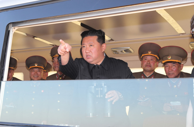  North Korean leader Kim Jong Un gestures as he watches the test-firing of a new-type tactical guided weapon according to state media, North Korea, in this undated photo released on April 16, 2022 by North Korea's Korean Central News Agency (KCNA). (credit: KCNA VIA REUTERS)