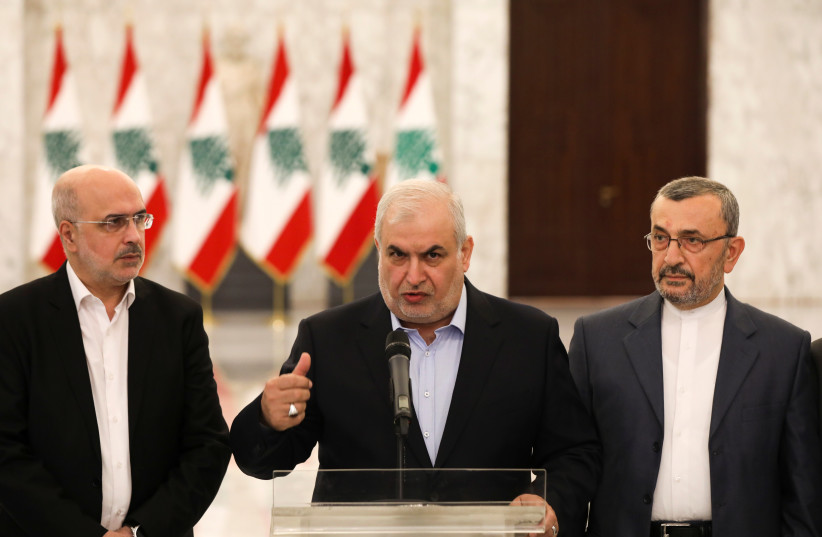  Head of Hezbollah's parliamentary bloc Mohamed Raad gestures as he talks at the presidential palace in Baabda, Lebanon July 26, 2021. (photo credit: REUTERS/MOHAMED AZAKIR)