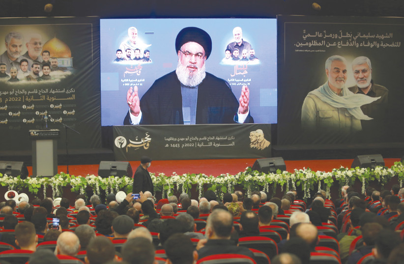  HEZBOLLAH LEADER Hassan Nasrallah delivers a video address at a ceremony in Beirut’s southern suburbs in January to mark the second anniversary of the killing of senior Iranian military commander Qasem Soleimani in a US attack (photo credit: AZIZ TAHER/REUTERS)