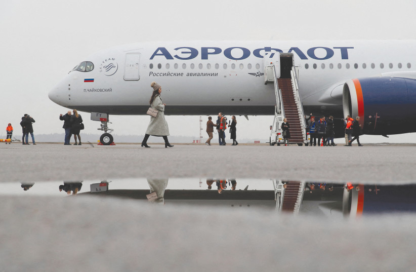  An Aeroflot Airbus A350-900 at an airport outside Moscow. Most of Aeroflot’s planes are leased from Western companies and sanctions are not allowing them to fly (photo credit: MAXIM SHEMETOV/REUTERS)
