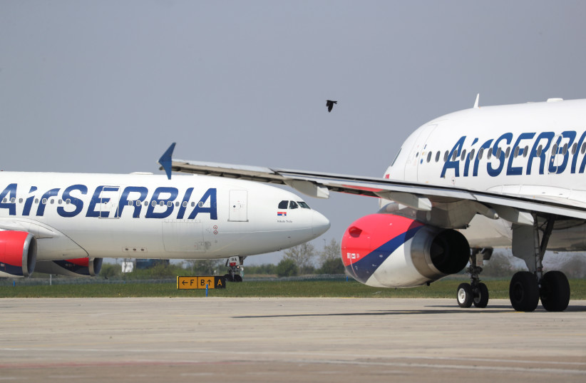  Air Serbia aircrafts seen at the Nikola Tesla Airport in Belgrade, Serbia April 25, 2020 (photo credit: REUTERS/MARKO DJURICA)