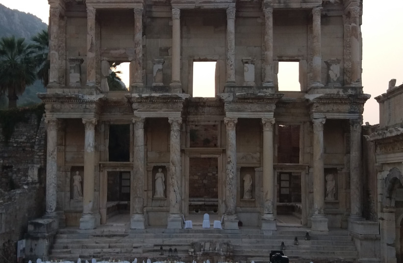  The restored Celsus Library of Ephesus, one of the ancient world's most impressive libraries. (photo credit: JUDITH SUDILOVSKY)