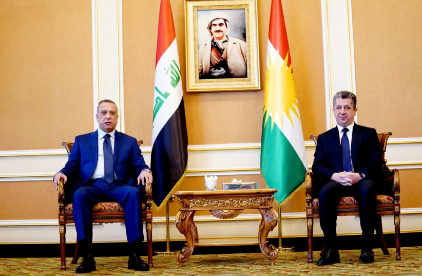 Masrour Barzani, Prime Minister of Kurdistan region, meets with Iraqi Prime Minister Mustafa Al-Kadhimi, in Erbil, Iraq, March 14, 2022. (credit: IRAQI PRIME MINISTER MEDIA OFFICE/HANDOUT VIA REUTERS)