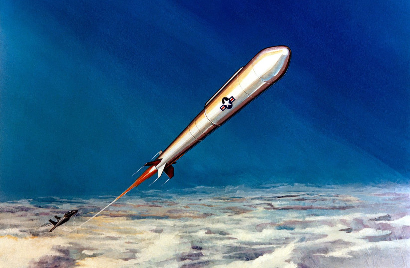 Artist's concept of an anti-satellite missile (ASAT) after launch from an F-15 Eagle aircraft (credit: Wikimedia Commons)