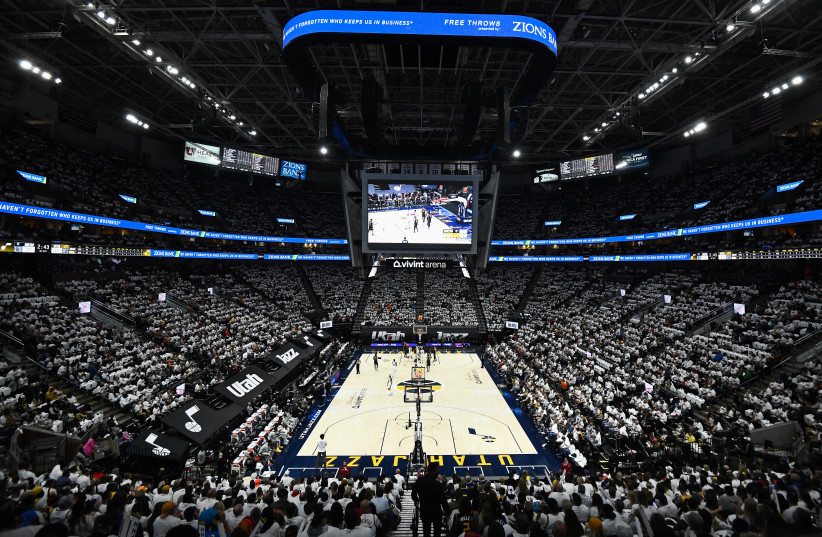  Fans watch the Utah Jazz play the Memphis Grizzlies in a 2021 playoff game at Vivint Smart Home Arena in Salt Lake City, May 23, 2021.  (photo credit: Alex Goodlett/Getty Images)