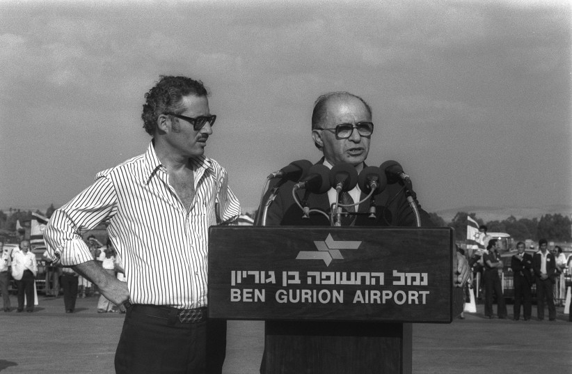  PRIME MINISTER Menachem Begin, with press adviser Shlomo Nakdimon at his side, during his press statement after the Camp David Accords in 1978. (credit: Moshe Milner/GPO)