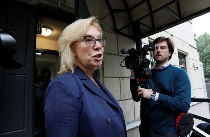 Ukrainian ombudswoman for human rights Lyudmila Denisova speaks with journalists before the arrival of detained crew members of Ukrainian naval ships, which were seized by Russia's FSB security service in November 2018, outside a court building in Moscow, Russia July 17, 2019. (photo credit: REUTERS/SHAMIL ZHUMATOV)