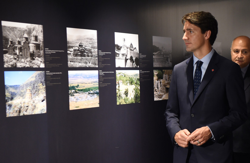 Canadian Prime Minister Justin Trudeau visits the Tsitsernakaberd Armenian Genocide Memorial and Museum in Yerevan, Armenia October 13, 2018. (credit: REUTERS/Melik Baghdasaryan/Photolure)