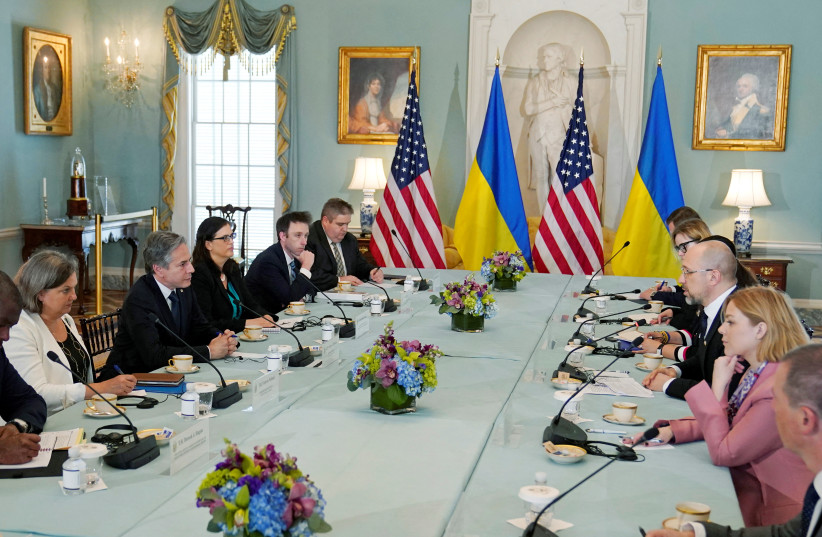  US Secretary of State Blinken and Ukrainian Prime Minister Shmyhal attend a meeting in Washington (photo credit: REUTERS)