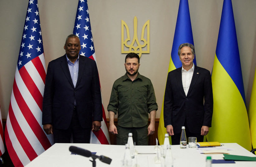  Ukraine's President Zelensky, US Secretary of State Blinken and Defense Secretary Austin attend a meeting in Kyiv. (credit: Ukrainian Presidential Press Service/Handout via REUTERS)