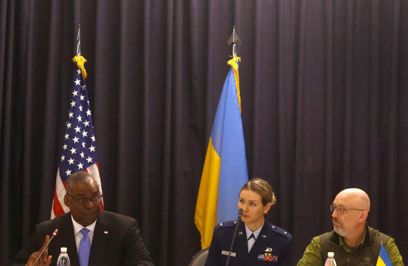 Ukrainian Defence Minister Oleksii Reznikov listens to the opening remarks of US Secretary of Defense Lloyd Austin during the Ukraine Defense Consultative Group meeting, as Russia's attack on Ukraine continues, at US Airbase in Ramstein, Germany, April 26, 2022. (photo credit: REUTERS/KAI PFAFFENBACH)