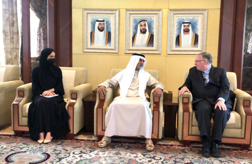 Sheikh Nahyan bin Mubarak Al Nahyan, the UAE’s minister of Tolerance and Coexistence, meets with Joel C. Rosenberg and an Evangelical delegation, Apr. 26, 2022  (photo credit: Courtesy / ALL ARAB NEWS)