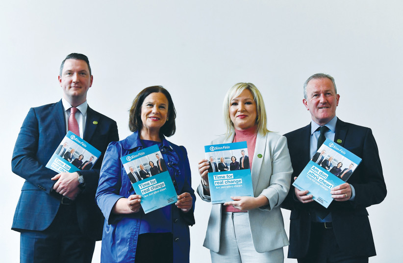  SINN FEIN leaders launch the party’s manifesto in Belfast for the Northern Ireland Assembly election. Among Sinn Feiners, it is widely believed that the Jewish state should never have been established.  (credit: CLODAGH KILCOYNE/REUTERS)